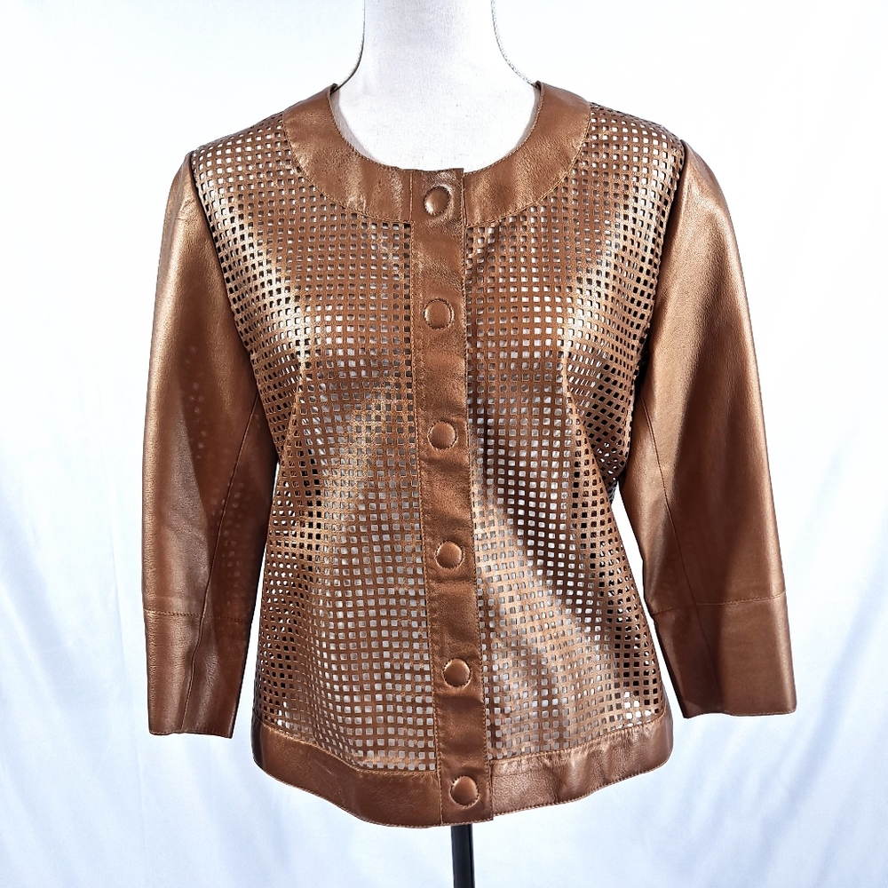 J'Envie Copper Bronze Leather Snap 3/4 Sleeves Jacket